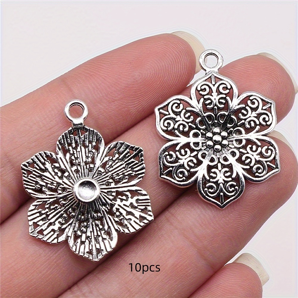 E-shop 10 Stück Vintage Hohle Blumen Anhänger, Antiker Silberfarben, Zinklegierung, 27x24mm, für DIY Handgemachte Ohrringe Halskette Zubehör