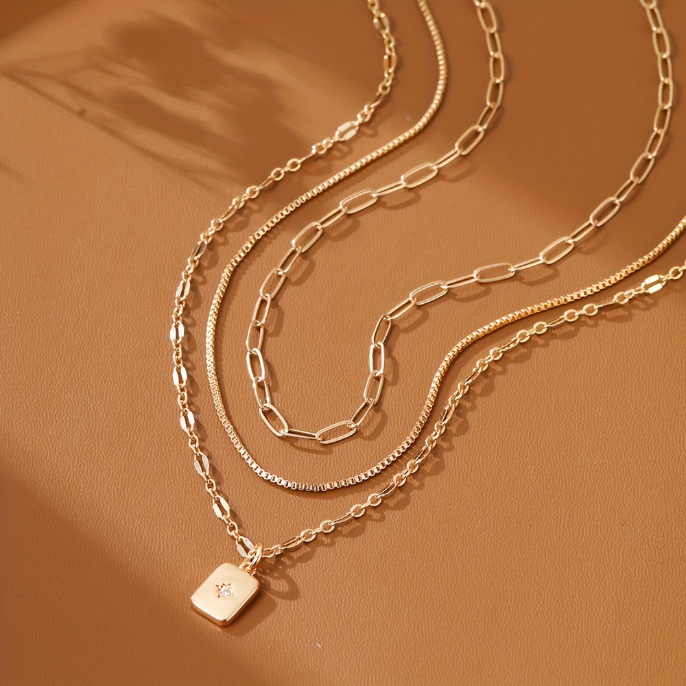 Paperclip Necklace Set with Zirconia Pendant - 3pcs
