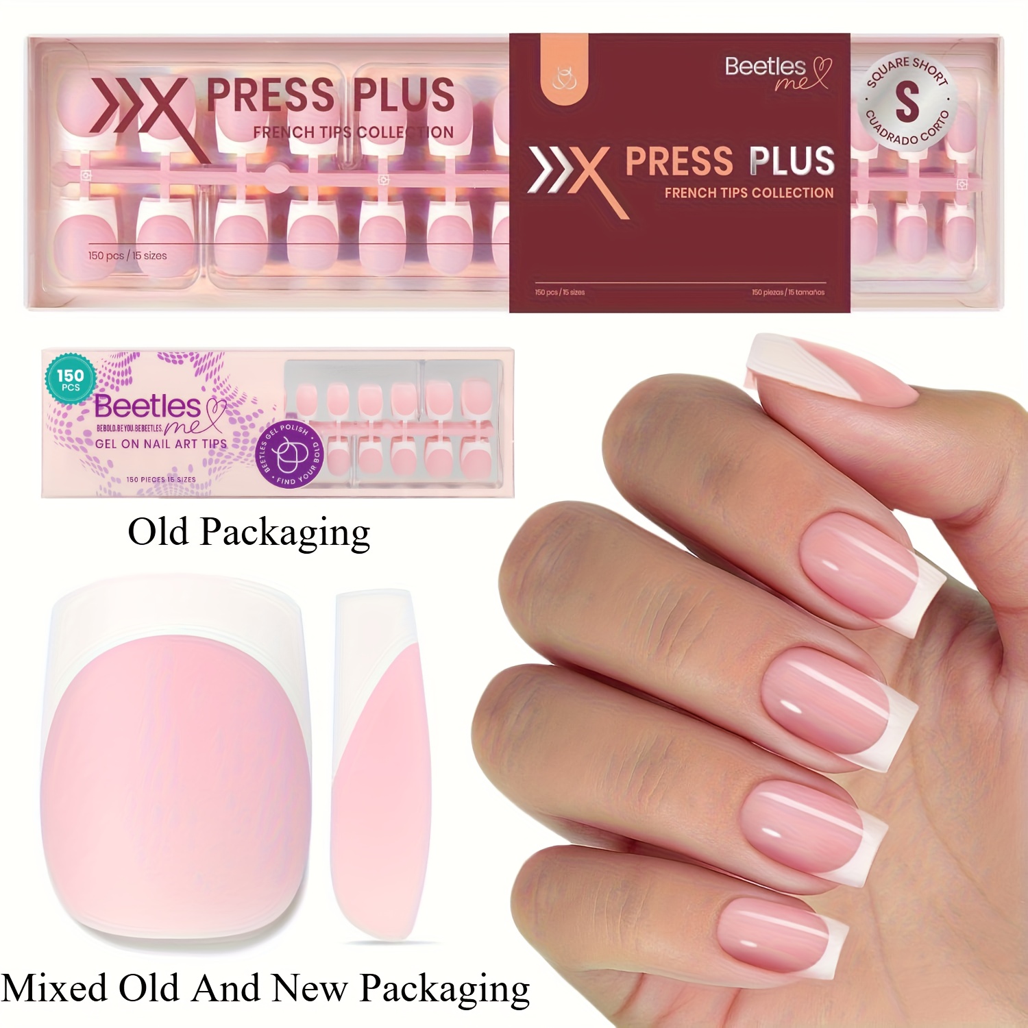 TEMU Beetles X French Tips Nails- Pink Short Square Press On Nails, 15 Sizes 150 Pcs 4in 1 Nail Tips, Extensions Gel Nail Tips Nail Art Diy For Gifts