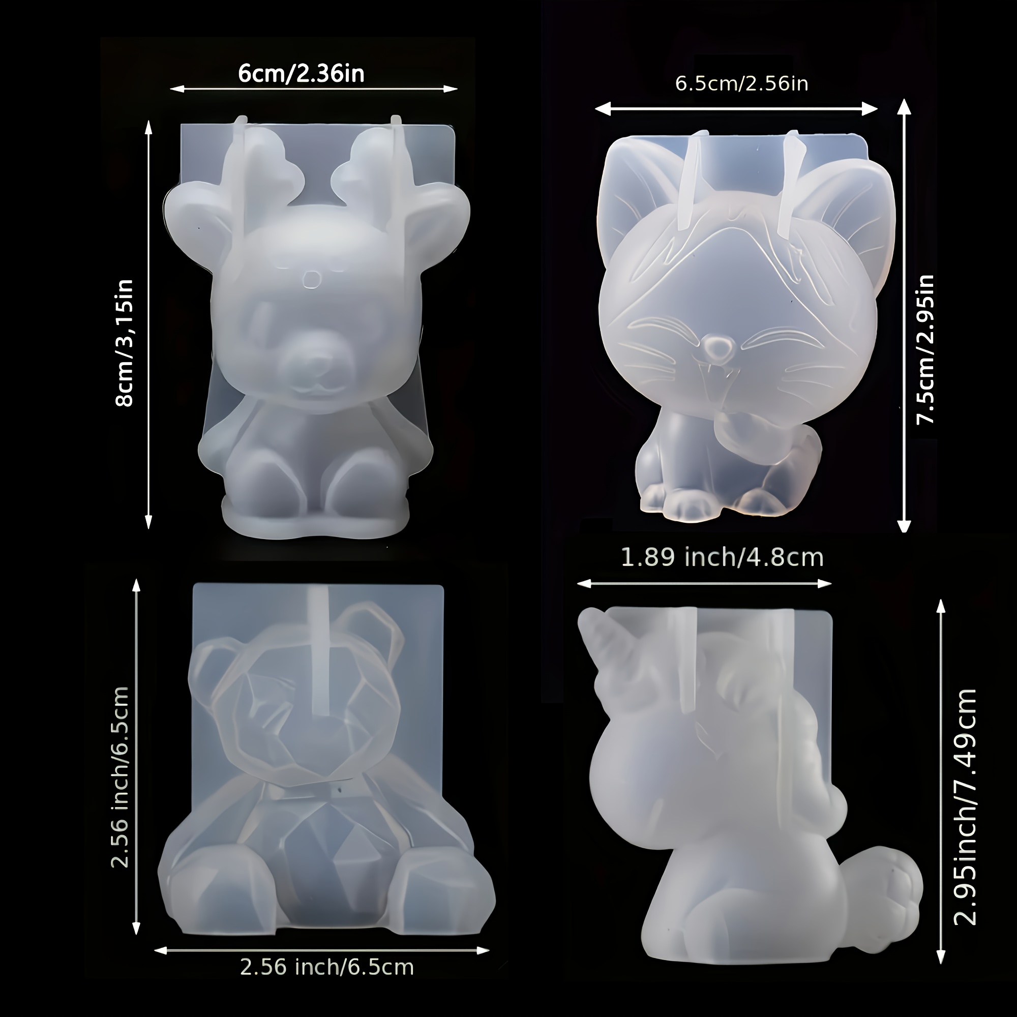 E-shop 4er-Set 3D Tier Silikonformen, Gipsformen, Tonformen, Hirsch, Katze, Bär, Einhorn Silikonformen, Weihnachtsformen, zum Basteln von