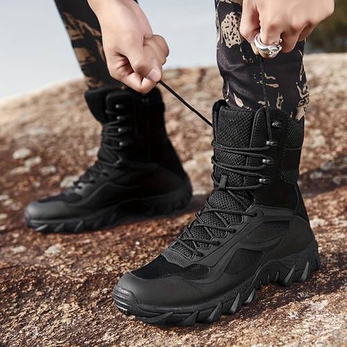 shock absorbing outdoor boots ankle lace up anti slip sole side zipper and lace weatherproof for camping hiking outdoor work boots fall suitable for hunting running or gym mens shoes for adult men