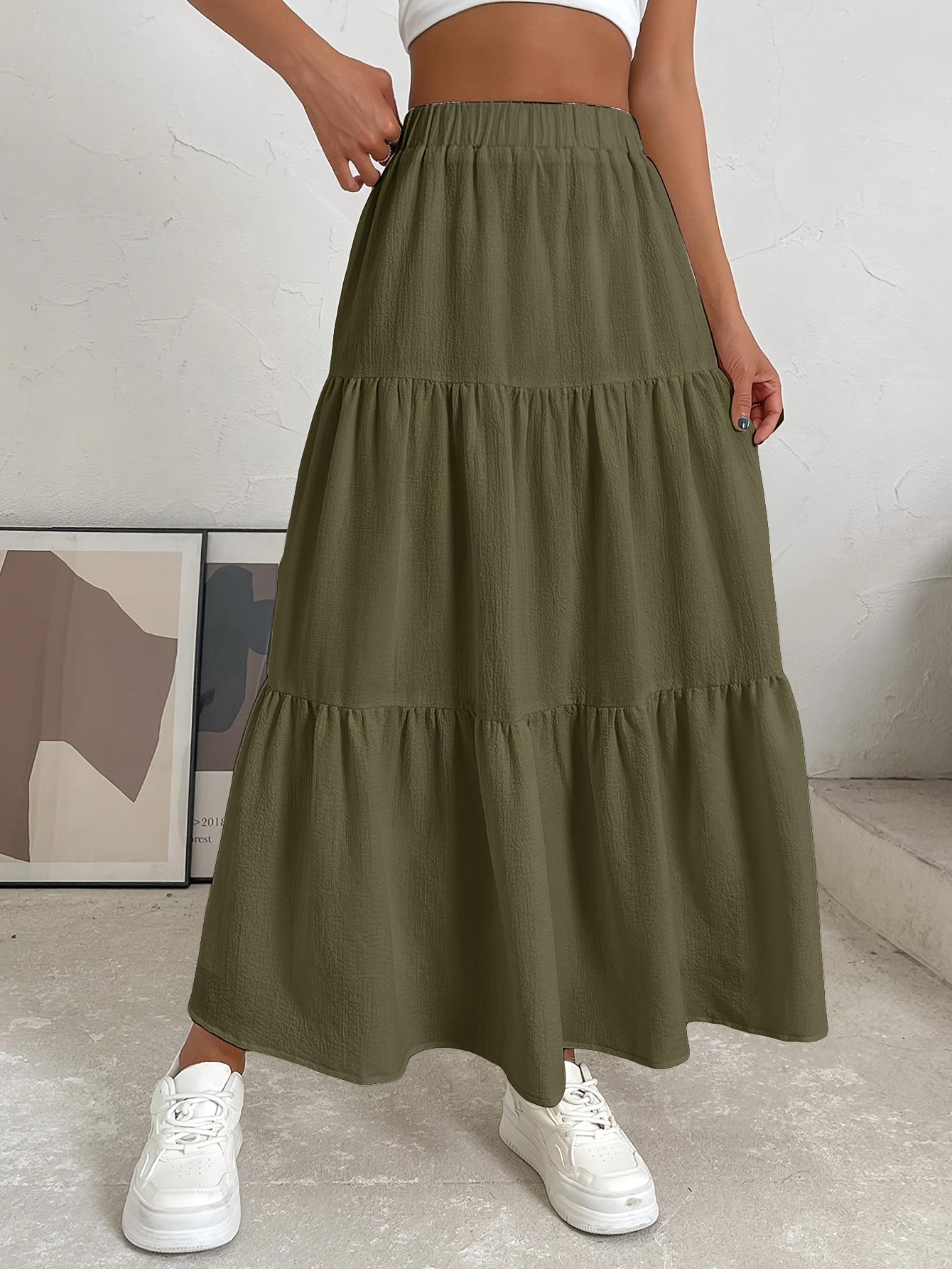 Midi Skirt Green Maxi Skirt 2018 Fall Women's Elegant Solid Color