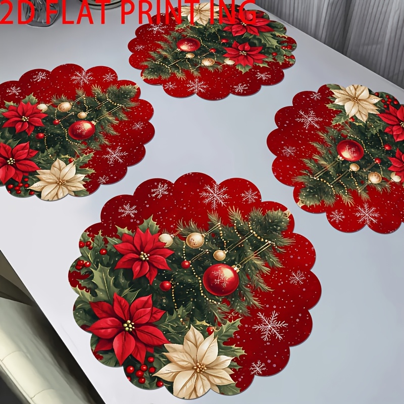 TEMU 5pcs Set / Christmas Tree And Flowers Round Placemat Set 13.78*13.78 Inches (1) Wavy Placemats, Non-slip, Washable Placemats, Christmas Gift,
