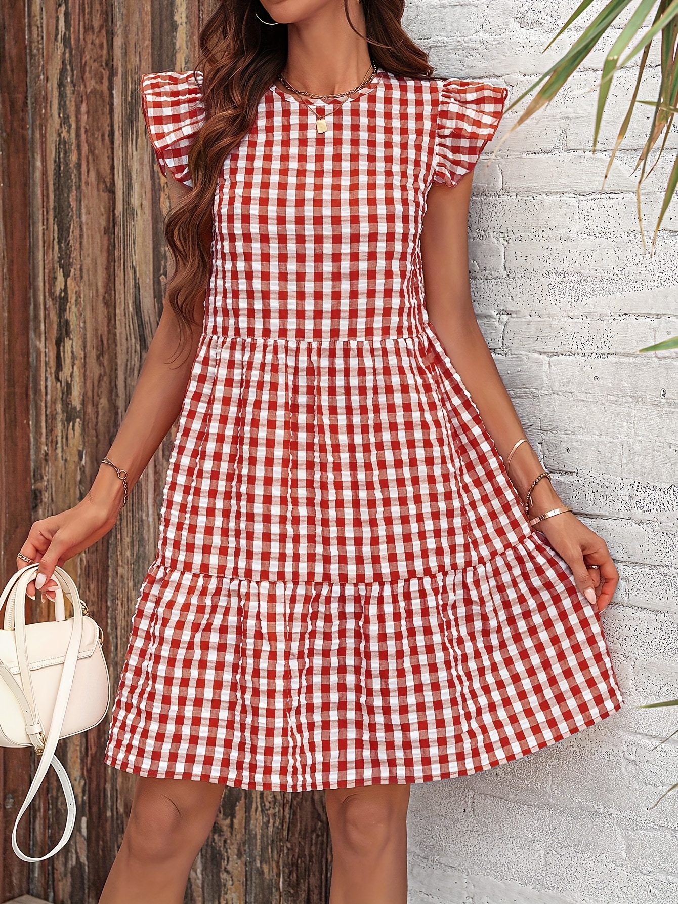 Women's Y2K Summer Checkered Button-Front Puff Sleeve Dress Red White  Gingham Short Dress with Round Neck, Machine Washable, Casual S