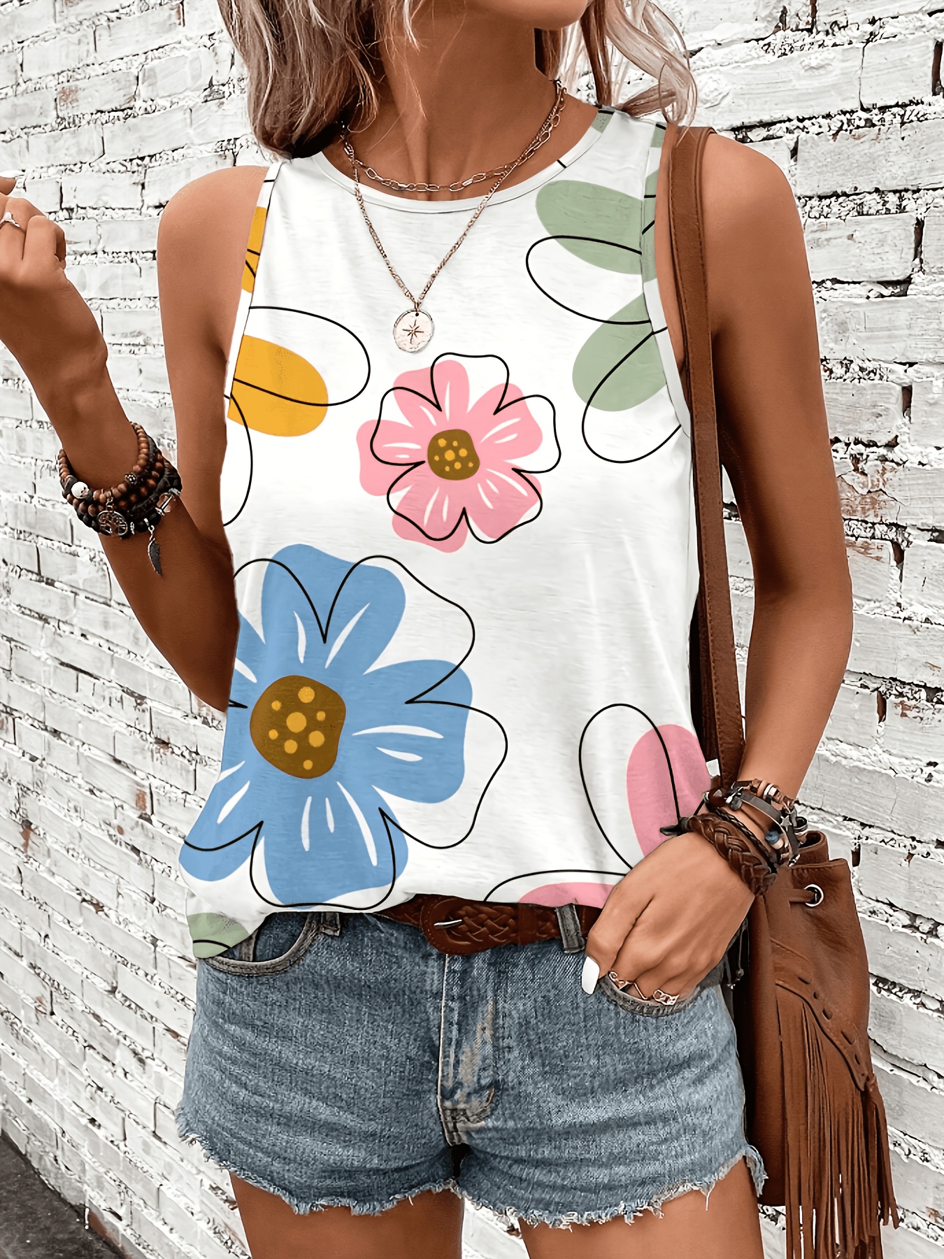 elegant special round neck printed vest suitable for daily wear going out vacation versatile  