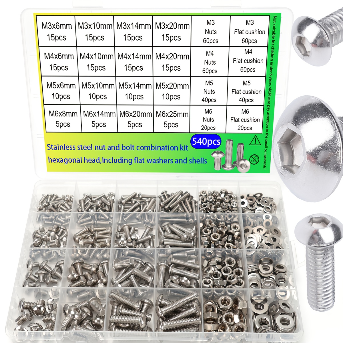 540pcs Stainless Steel And Nut Assortment Kit - Includes Flat Washers, Round Cup Pan Head Hex Socket, Cup Head Hex Socket, And Cylinder Head Screws And Nuts Set In M3, M4, M5, M6 Sizes