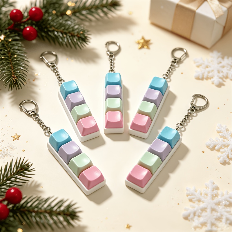 TEMU Multi-item Party Favor Packs - Christmas-themed 5pcs Keyboard Keychains For Stress Relief Gifts, Keyboard Stress Relief Toys, Mechanical Button