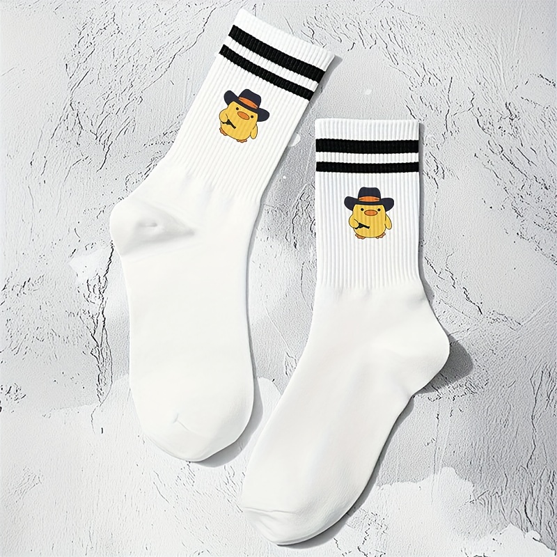 Image of 1 Pair Funny Agent Duck Print Socks - With Stripes, Loose Fit Mid-calf Socks For Casual Attire, Machine Washable, , Casual Sock Wear | Sock Design | Construction, Cute Socks
