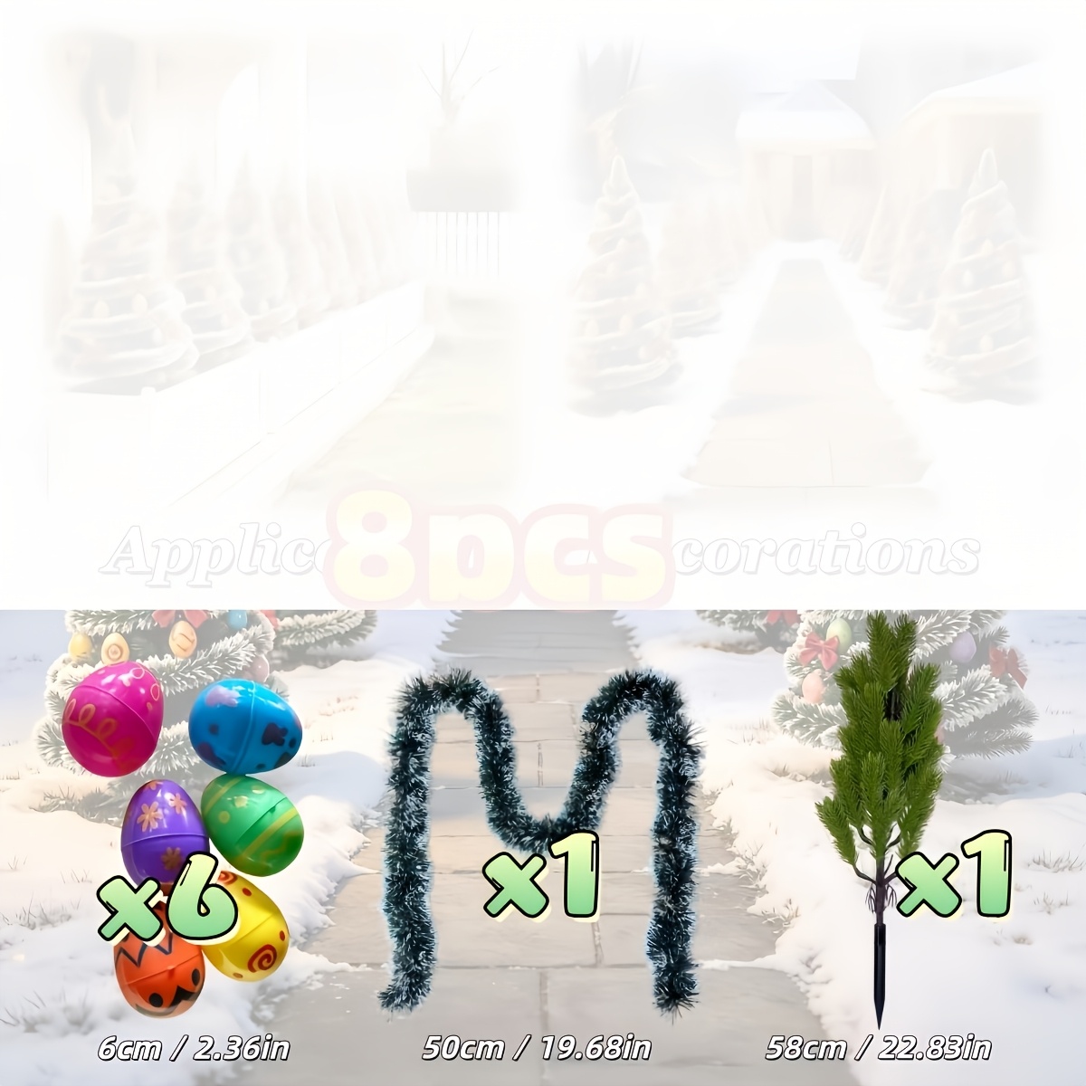 TEMU Set di 8 pezzi con nuovo albero di pino natalizio realistico e uova colorate (colori casuali) e kit di nastri, per cortili esterni, fioriere da