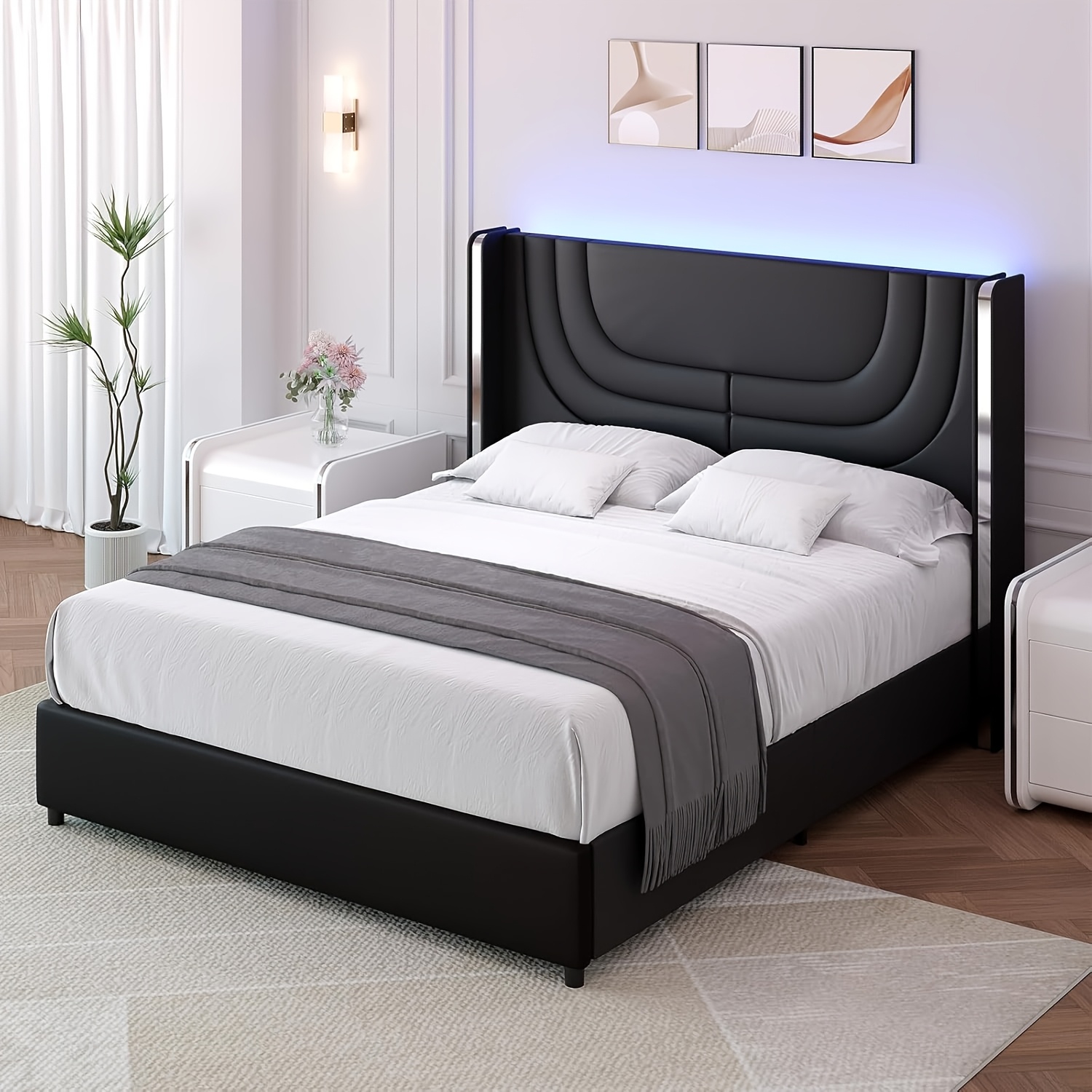 TEMU Twin Full Queen Size Bed Frame With Led Lights, Faux Leather Upholstered Platform With Silvery- Headboard, , Spring Needed, Easy Assembly, Black