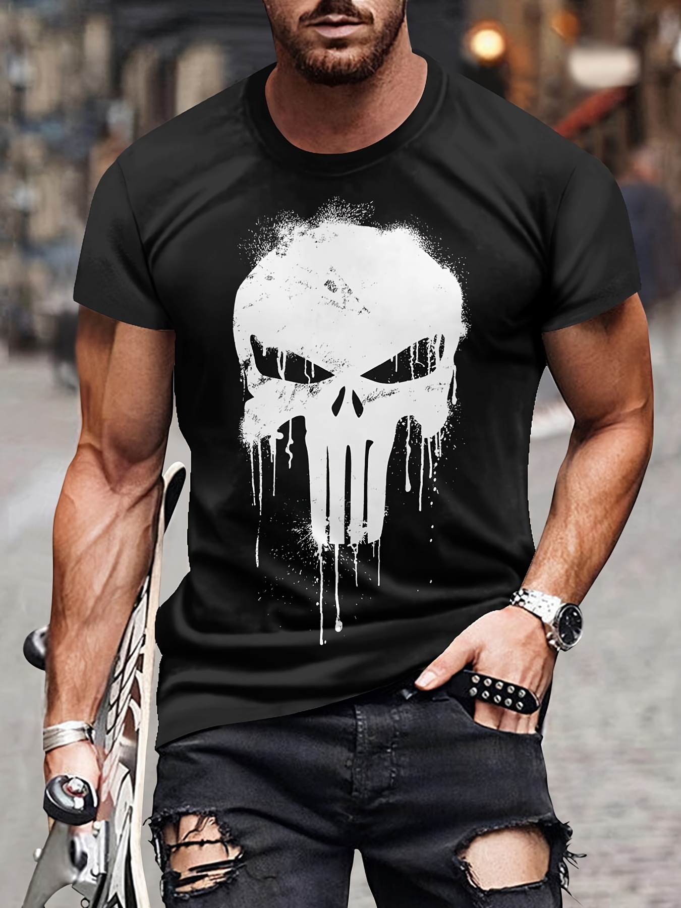 Men's Skull Print T-Shirt Casual Short Sleeve Crew Neck Tee Men's Clothing For Outdoor