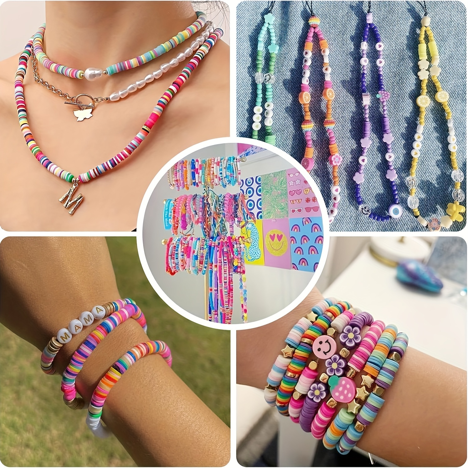 diy polymer clay bead jewelry making kit flat pre cut beads for friendship bracelets necklaces with cute butterfly heart star flower letter charms details 4