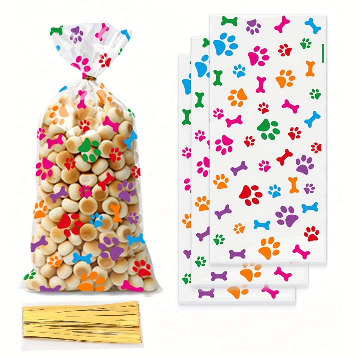 Image of 50 Colorful Dog Paw Print Gift Bags, Transparent Opp Flat Bags, Suitable For Holidays, Gifts, And Souvenirs