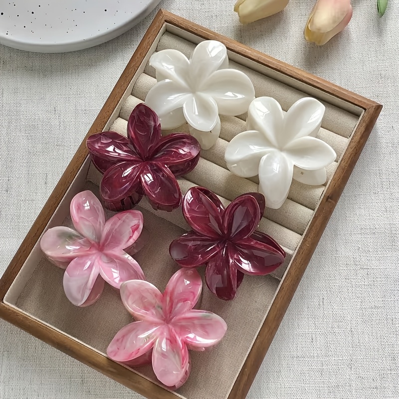 6pcs Flower Hair Clips, 8cm/3.15in Marble Pattern Floral Hair Accessories, Non-slip Hair Clips, Suitable For Thick Hair, Cute Hawaiian Style, For Women And Teens, For Summer And Beach Styling