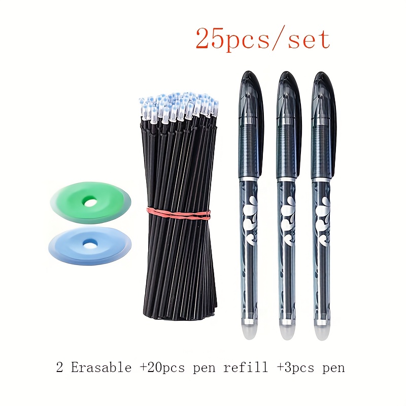 TEMU Ensemble de 25 stylos effaçables bleu et noir, recharge effaçable, stylo gel thermosensible effaçable à pointe 0,5 mm, papeterie