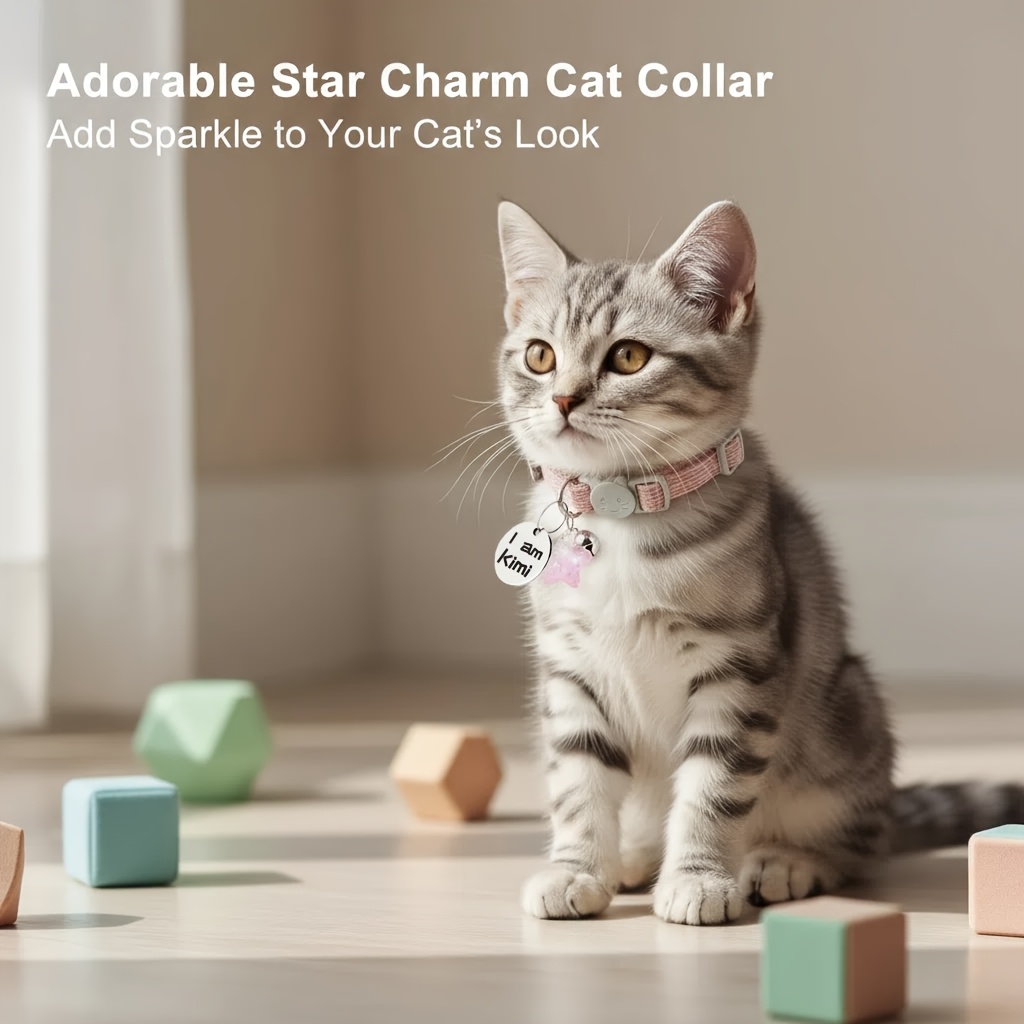 Personalized Round Tag Cat Collar with Bell and Flower Star Pendant