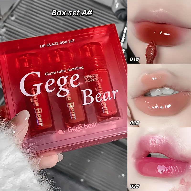 3pcs Gege Bear Lip Glaze Set - Long-Lasting Plump White Effect, Moisturizing Gloss Finish, Hydrating & Waterproof, Non-Fading Berry, Orange, Pink, Red Shades For All Skin Types, Adult Age Range
