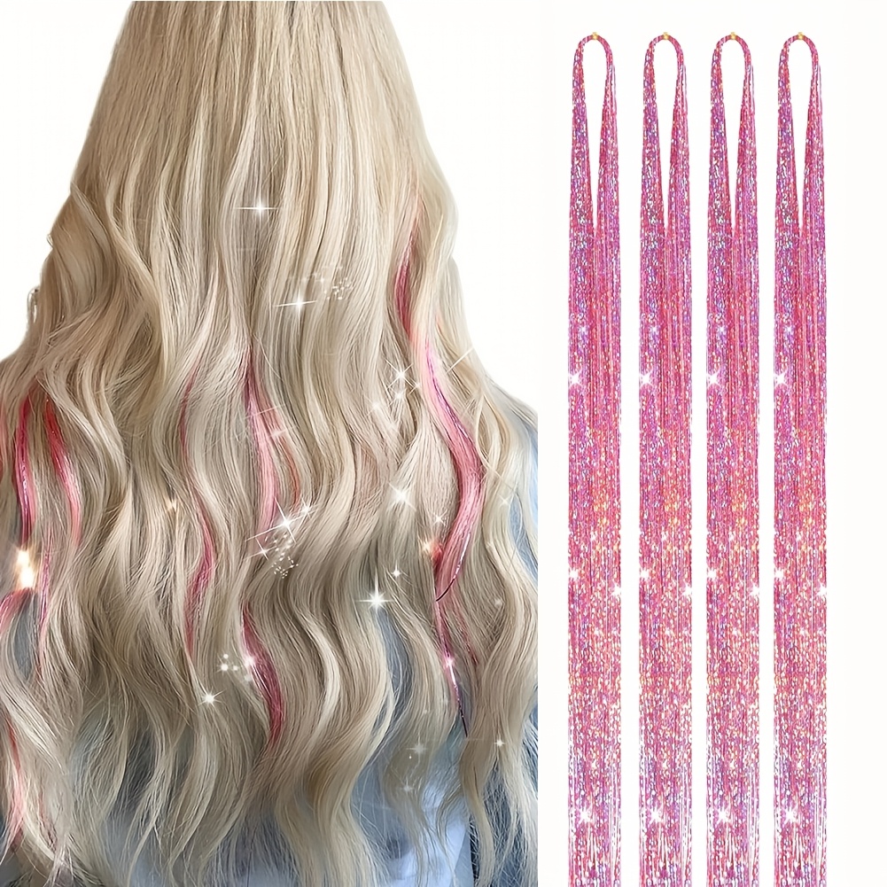 TEMU Hair Tinsel, 22inch 4 Packs Hair Tinsel Kit For Women Fairy Tinsel Hair Extensions Holographic Hair Tinsel Heat Resistant Colored Hair Glitter