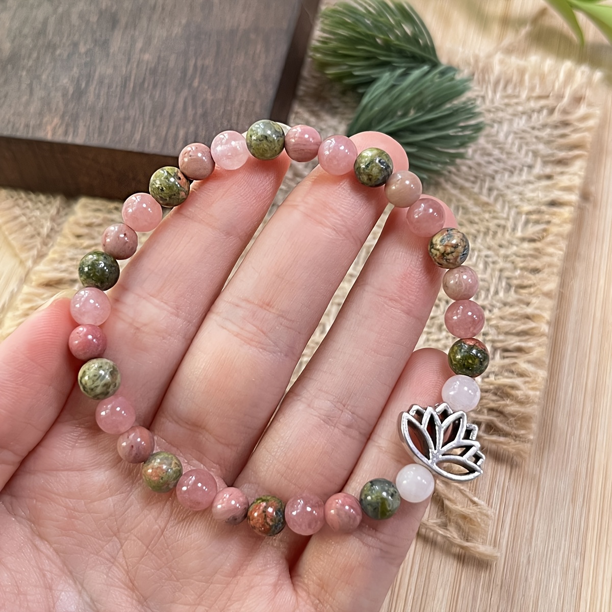 aura bracelet chakra lotus jewelry featuring 6mm rose quartz