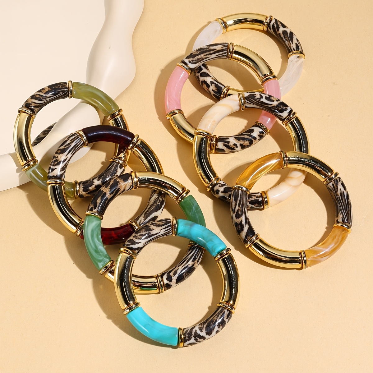 Retro Leopard Print Patchwork Elastic Bangle, Light Luxury Color-Block Arc Bracelet