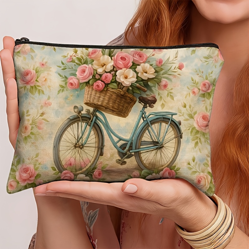 TEMU Vintage Bicycle Flower Basket Pattern Makeup Bag, Easy To Clean, Multi-functional Storage, For /travel Organization/portable Travel, Warm And
