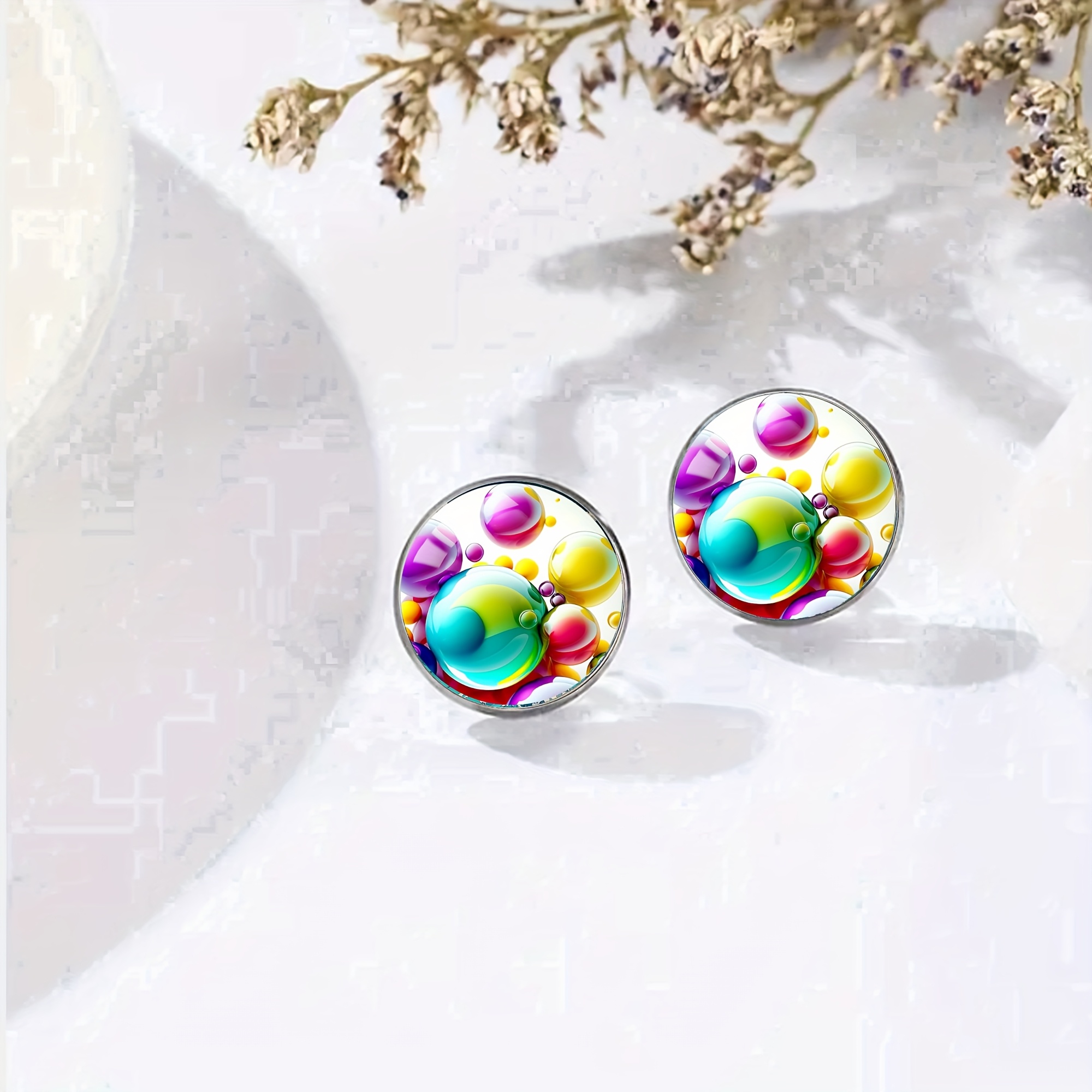 Women's Round Infinity Design Stud Earrings with Glass Mosaic