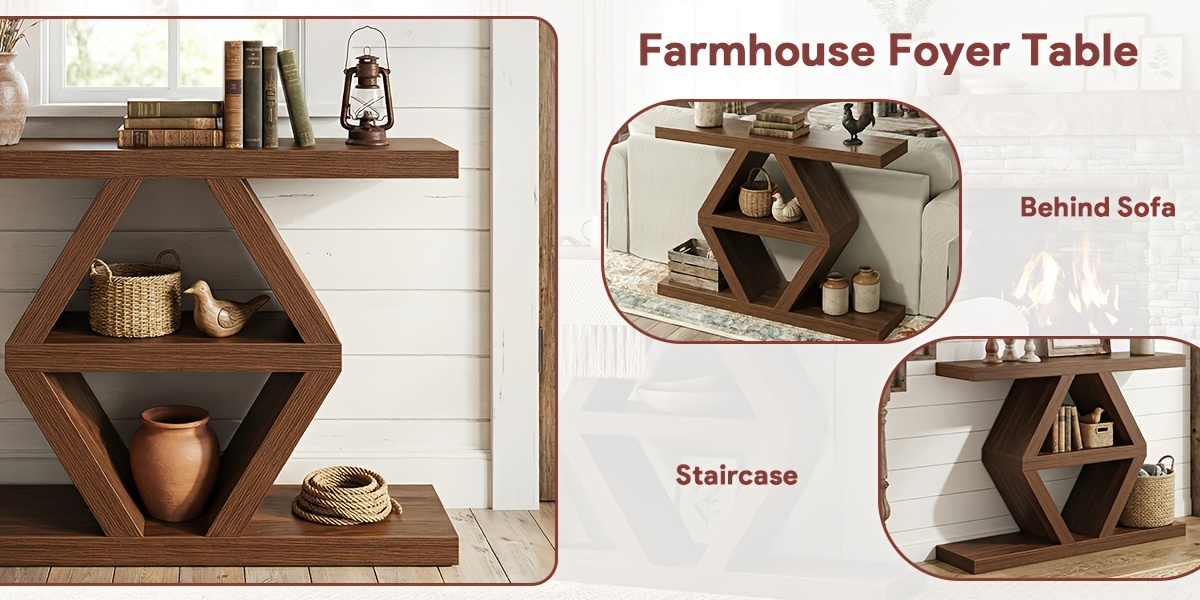 3 Tier Farmhouse Console Table for Entryway, Wooden Sofa Table Behind Couch with Storage Shelves, 39.4 Inch Narrow Rectangular Hallway Table, Rustic Foyer Table for Living Room Decor, Walnut End