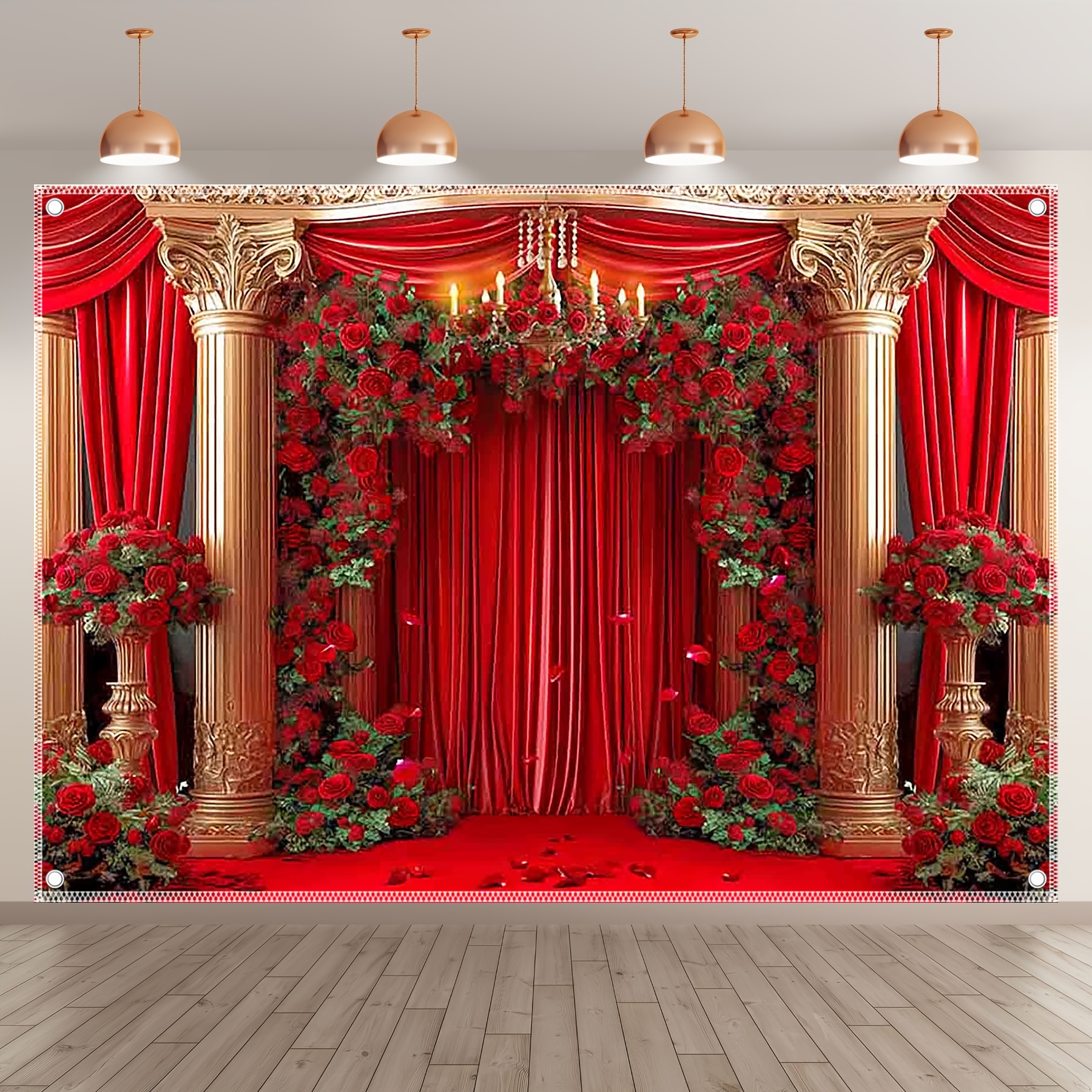 

Luxury Retro Rose Arch Backdrop With Crystal Chandelier - Polyester Curtain For Weddings, Bridal Showers & Valentine's Day Parties - Design