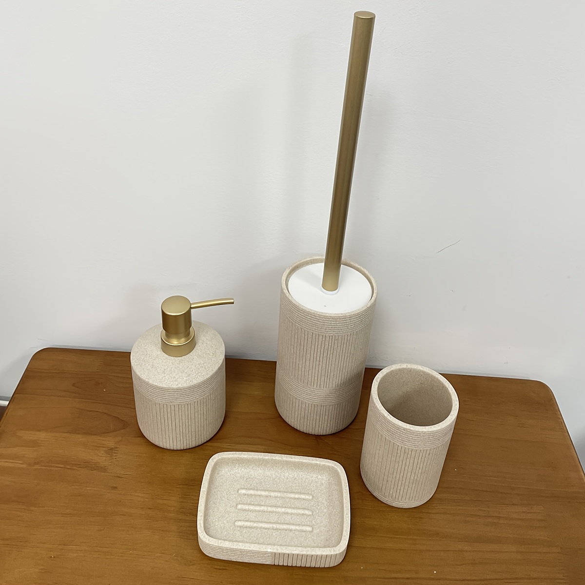 Modern Bathroom Set with Beige & Golden Accents - Includes Soap Dispenser, Toilet Brush Holder, Toilet Paper Holder, and Tray - Elegant Bathroom Organizer for Vanity, Or Bathroom Decor, Vanity Storage, Sleek Design, Durable Construction