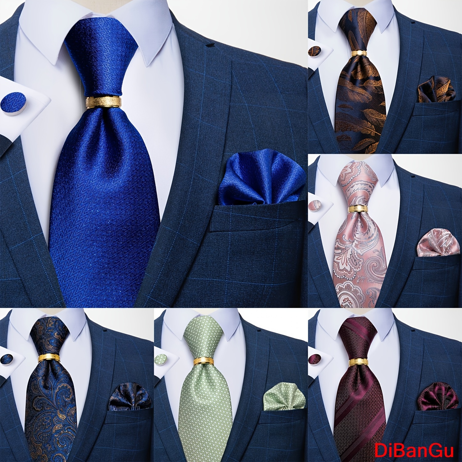 

Mens Checks Tie Silk Classic Floral Necktie Pocket Square Cufflinks Ring Set