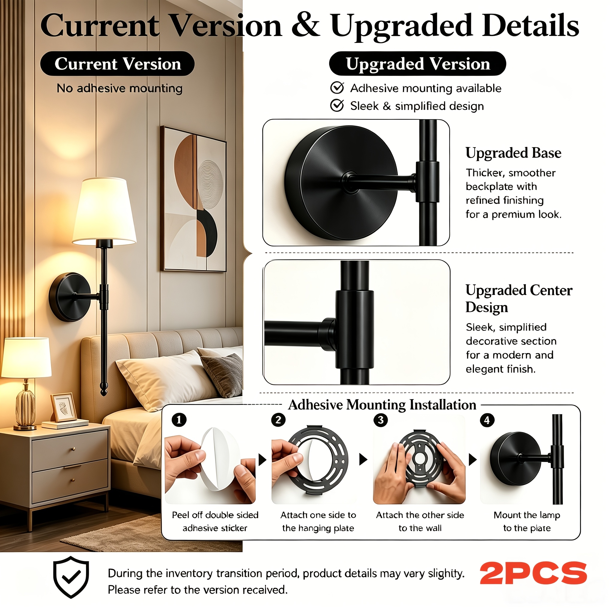 TEMU 2-pack Punch-free Adhesive Mount Wall Sconce, Wireless Battery Operated Wall Light, Rechargeable Dimmable Lamp With Remote Control, 15-color