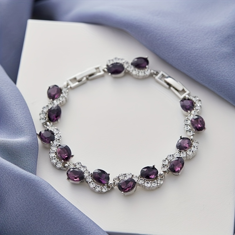 TEMU Exquisite Ladies' Purple Oval Synthetic Synthetic Zirconia Bracelet, Jewelry Accessories For Birthdays, Anniversaries, And Special Occasions -