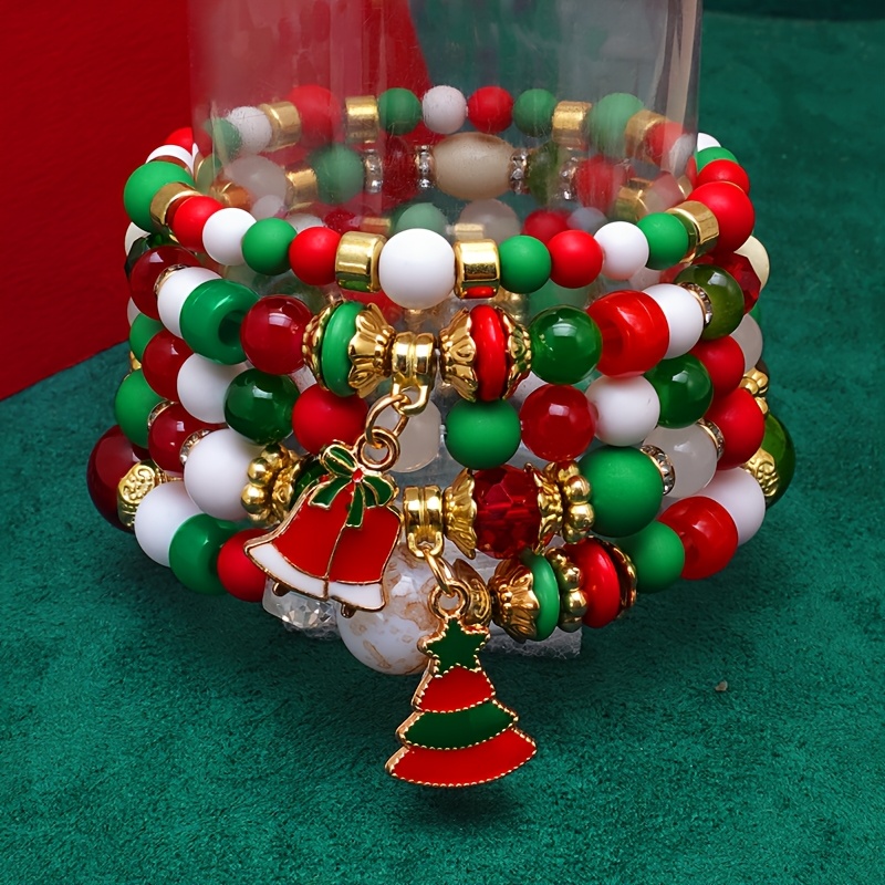 TEMU 5pcs European And American Cross-border Christmas Holiday Pendant Hand Jewelry Handmade Beaded Colorful Acrylic Frosted Texture Bracelet Set