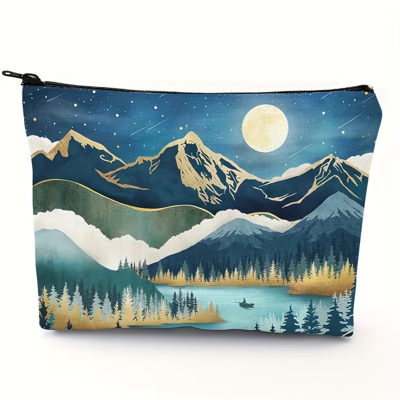 

Mountain Cosmetic Bag Nature Forest Tree Makeup Bag Aesthetic Starry Night Moon Stars Makeup Tool Abstract Make Up Organizer Bag