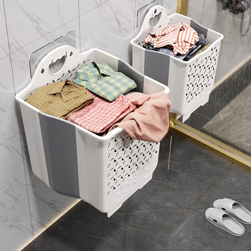 

1/3pcs Foldable Laundry Basket No Drilling Wall Hanging Dirty Household Dirty Clothes Hanging Basket Suitable For Bathroom Placement Or Wall Hanging With Hook, Laundry Baskets