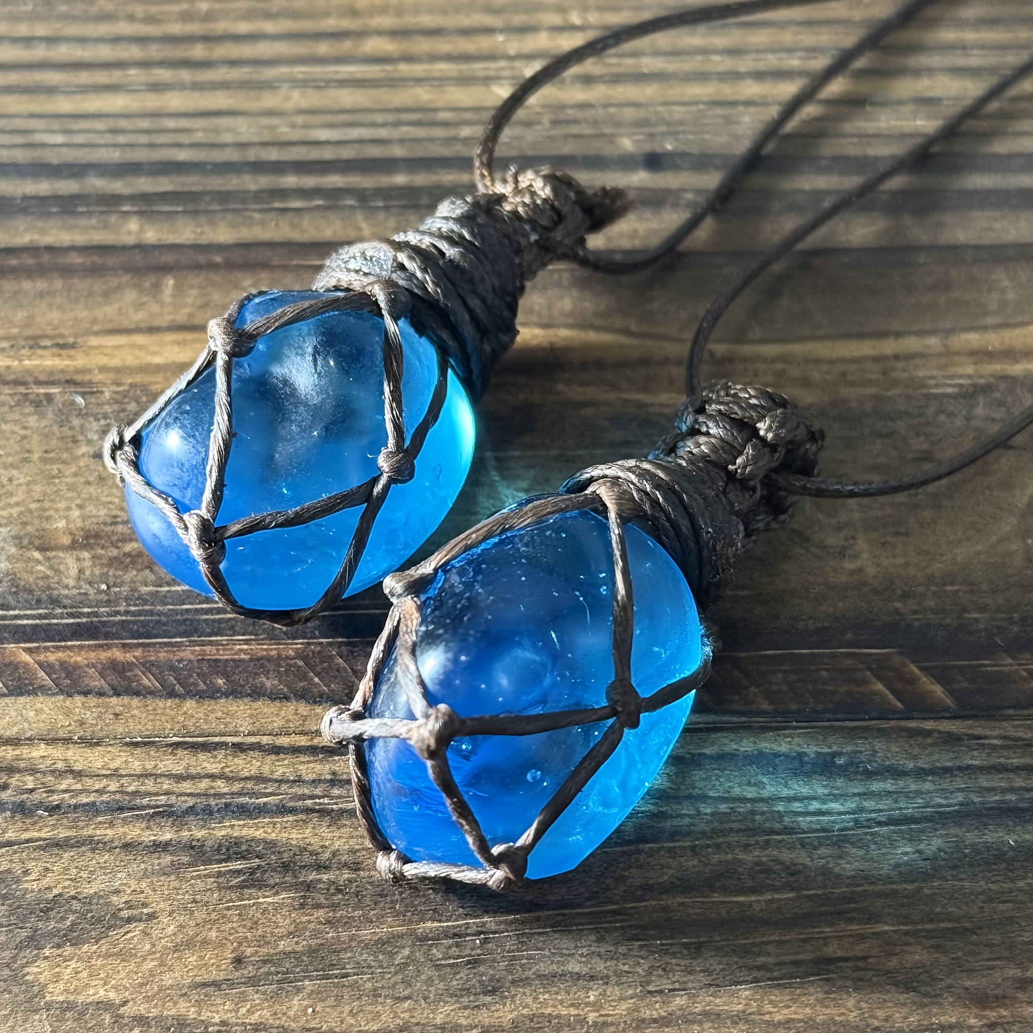 Handmade Vintage Natural Blue Glazed Pebble Pendant Necklace