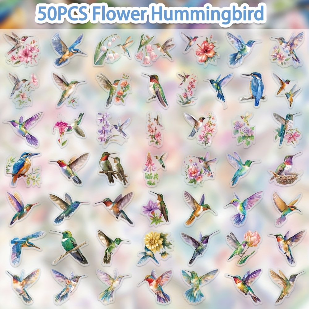 Image of 50 Cartoon Hummingbird And Flower Art Graffiti Stickers Pet Material Water Cup Glass Phone Case Computer Refrigerator