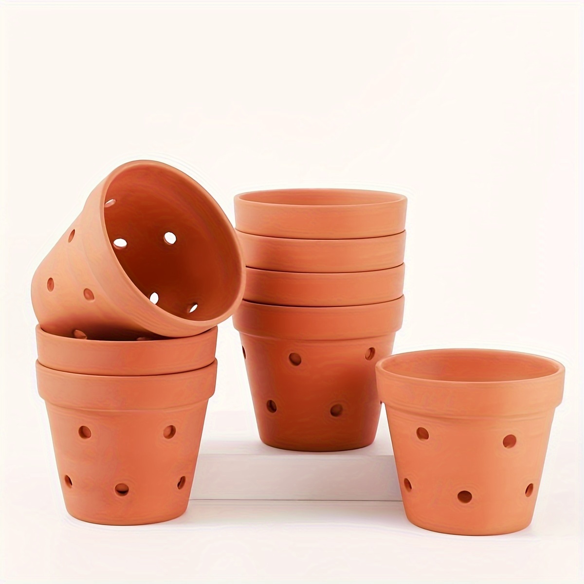 

8pcs Classic Striped Terracotta Orchid Pots, 4.5" With Drainage Holes - Polished Clay Planters For Indoor/outdoor Use, Enhances Air , Ideal For Small Flowers & Repotting, Planter Pots