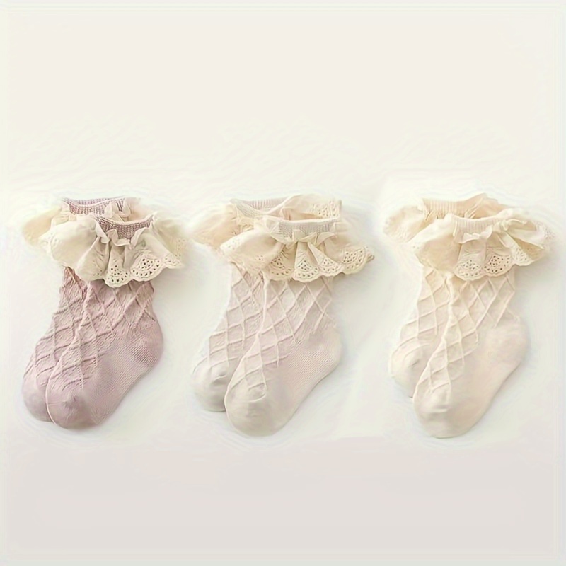 Image of 3 Pairs Of Baby Girls' Elegant Lace Edge Socks, , Non-restrictive, Breathable Waffle Mid-calf Socks For Girls