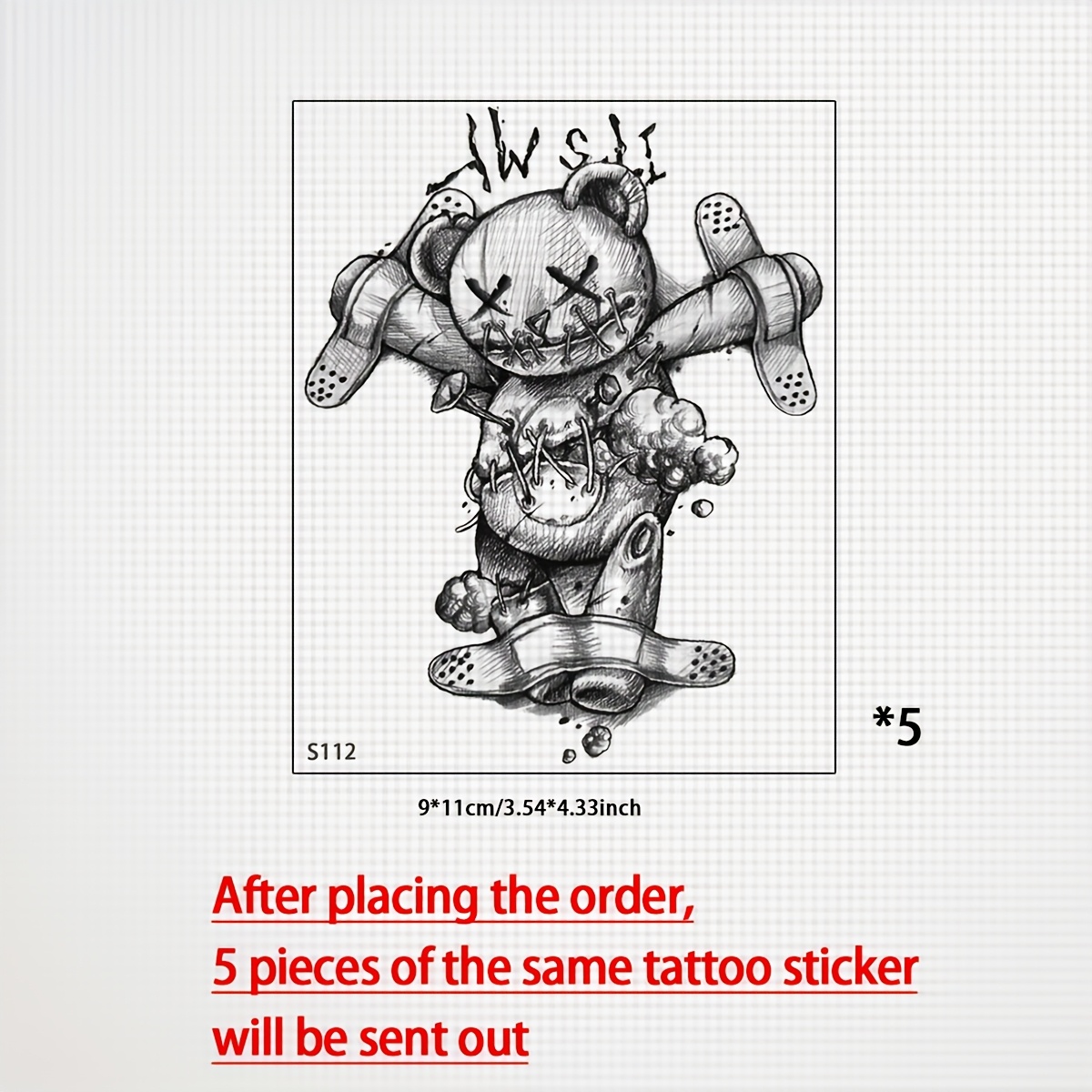 Image of A Set Of 5 Dark Injured Bear Doll Cosplay Flower Arm Fake Tattoo Waterproof Lasting Realistic Attached To The Arm Thigh To 1-5 Days Men And Women Tattoo Stickers Trend Tattoo Stickers
