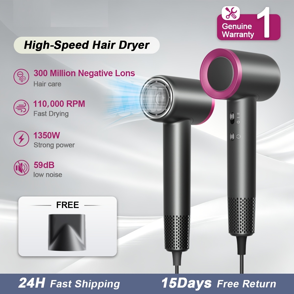 TEMU Hair Dryer High Speed 110000rpm Hairdryer 1350w Smart Temperature With 2 Wind Temperature Mode 360° Magnetic Nozzle Anti-static For Men Women