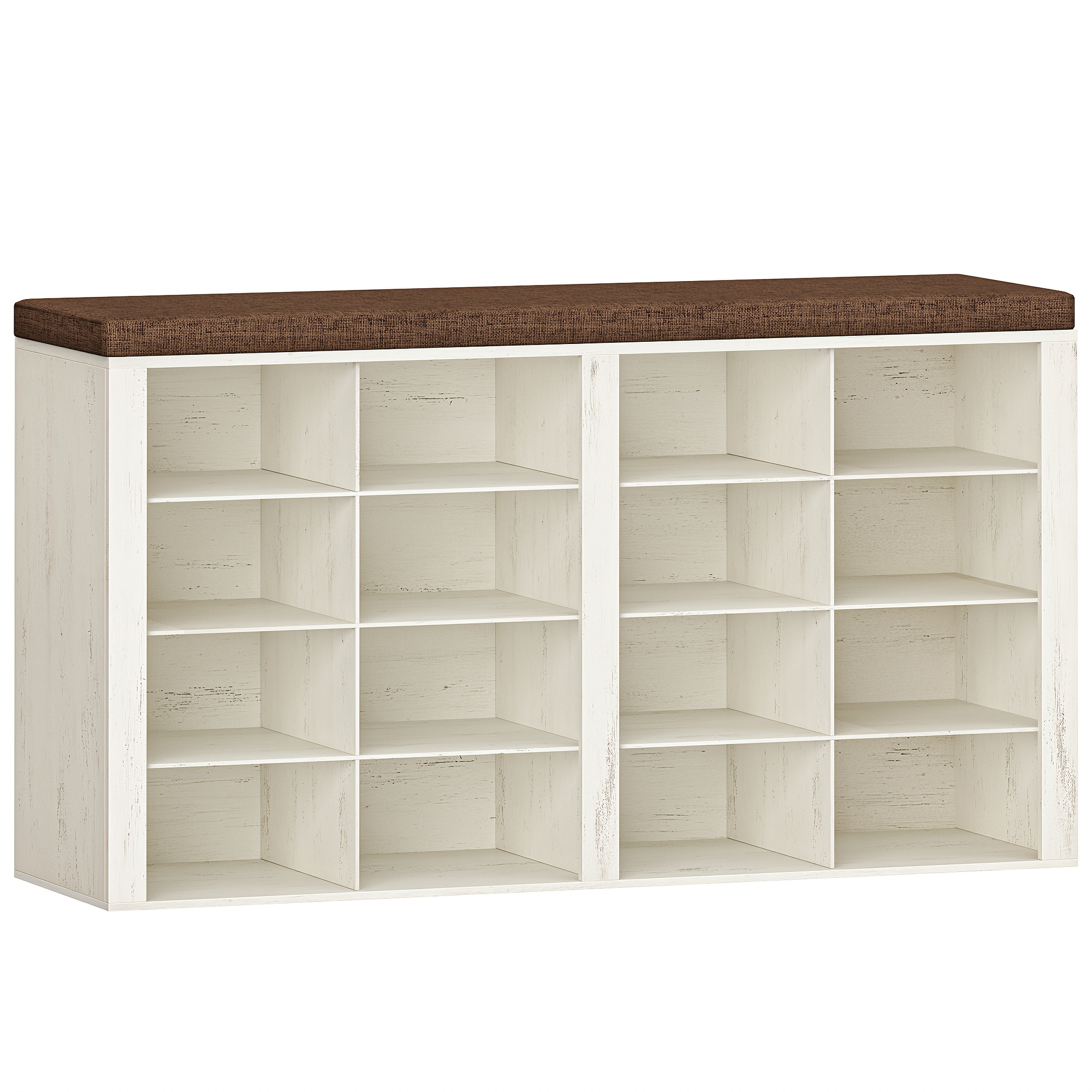 Storage Bench, Shoe Bench With Seat, 16 Compartments, Entryway Bench With Adjustable Shelves, Suitable For Living Room, Bedroom, Hallway, 104 X 30 X 59cm, White