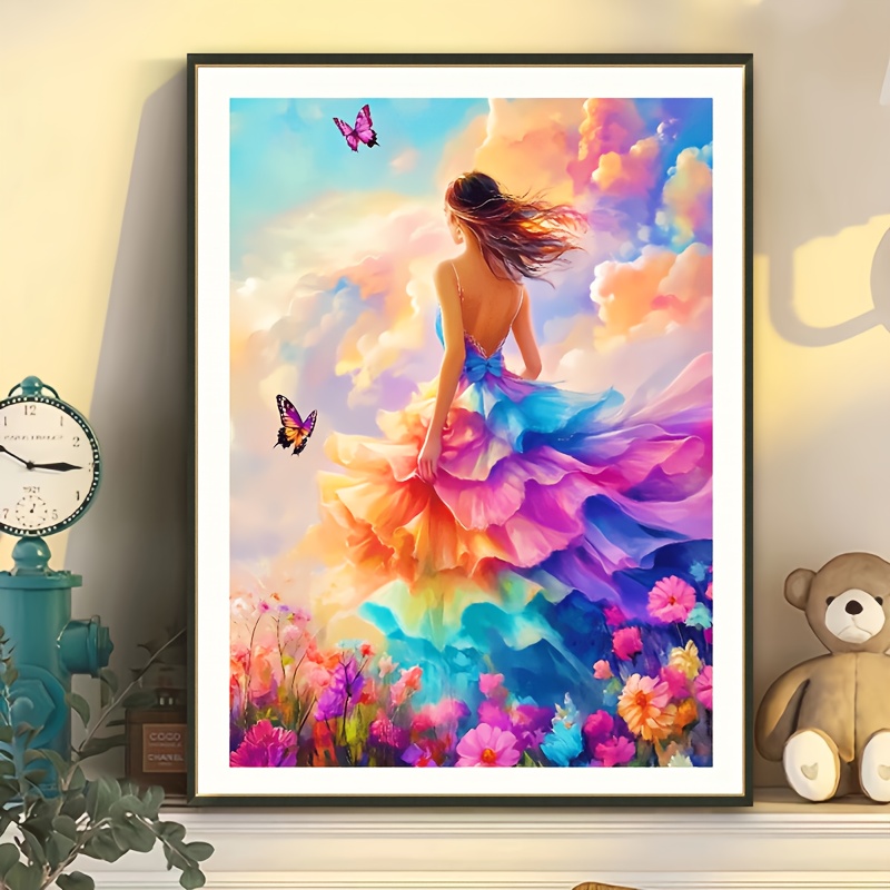 TEMU Kit de tissu à broder avec fond de belle fille et de fleurs de papillons, pack de matériel de broderie, décoration murale , broderie estampée