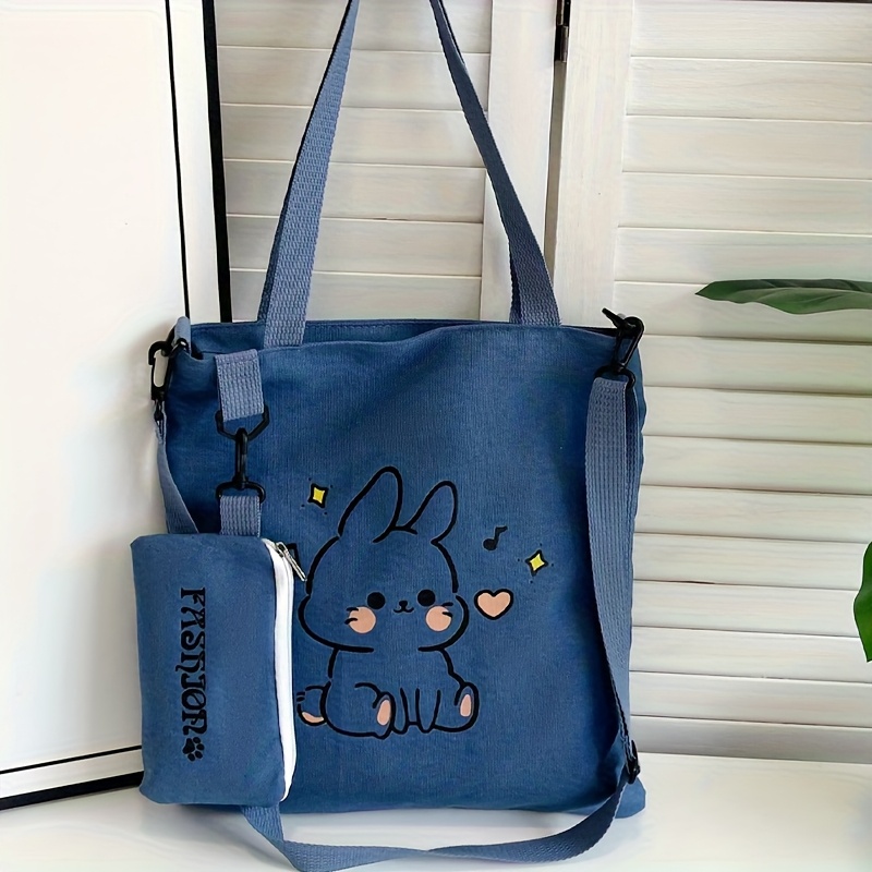 Große Schultertasche mit blauem Denim-Hasenmuster und passendem Mini-Etui, lässige Handtasche für Studenten_voghion.com