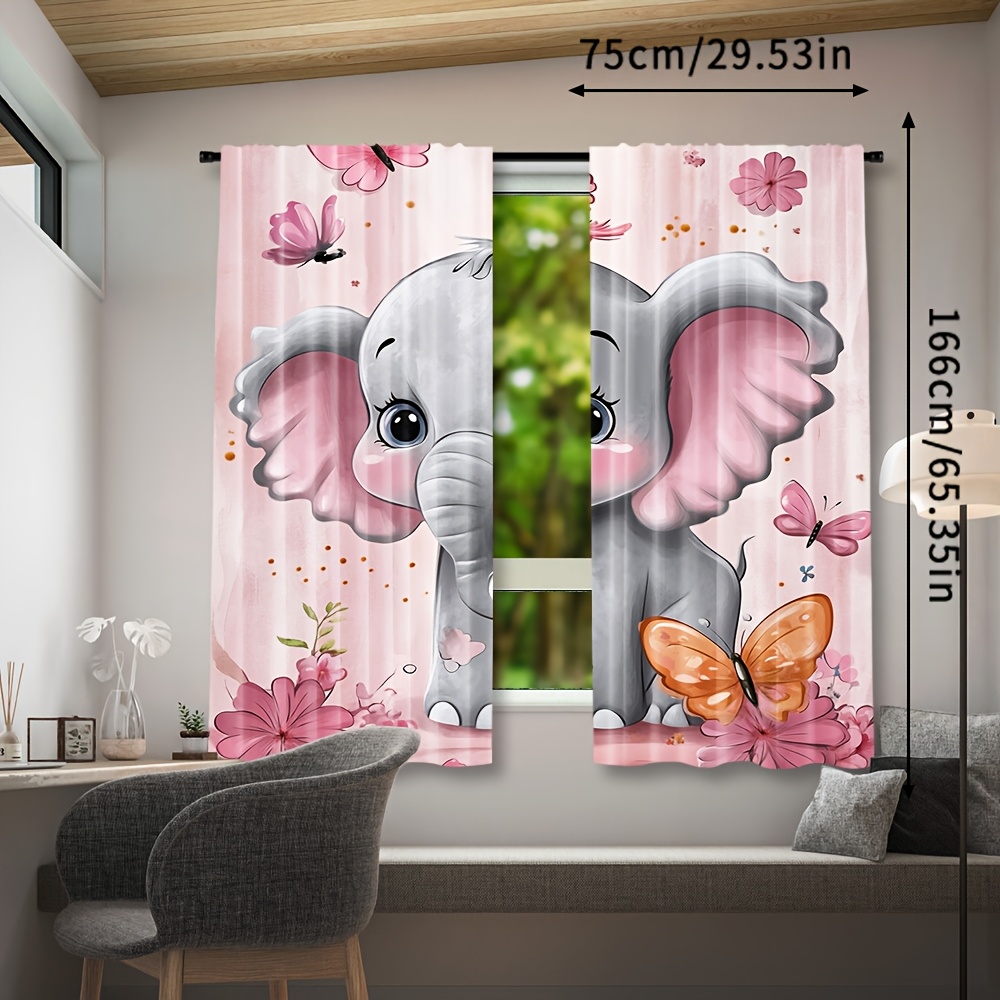 TEMU 2pcs Whimsy Elephant And Printed Curtains, Semi-sheer Polyester Woven Rod Pocket Window Drapes For Bedroom, Decorative , Machine Washable,
