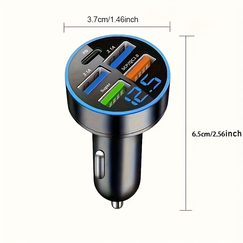 Baideluo 5-Port Car Charger with LED Display - Fast Charging for Multiple Devices, Universal 12-24V Adapter for In-Car Use, Car Charging Solution|Modern Car Charger|Compact Charger, Without Battery