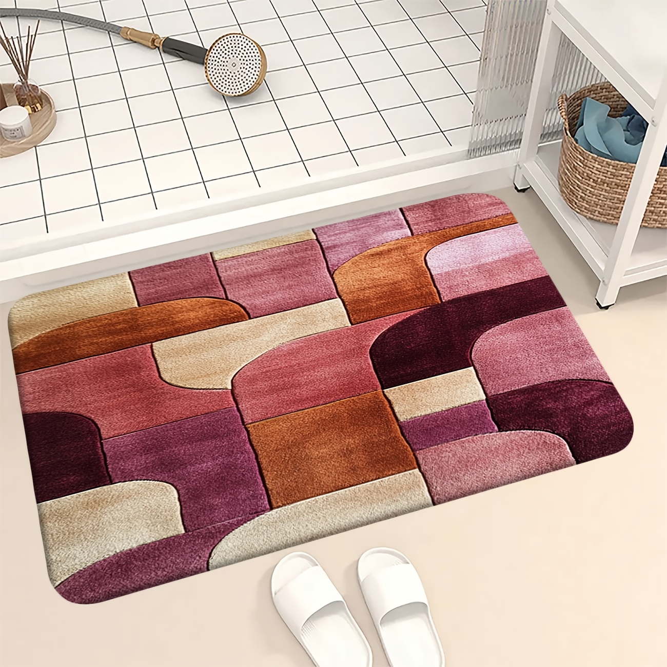 TEMU 1pc Pink And Brown Geometric Pattern Non-slip Bath Mat, Suitable For Living Room, Bedroom, Kitchen, Office, Bathtub Shower, Bathroom , Soft