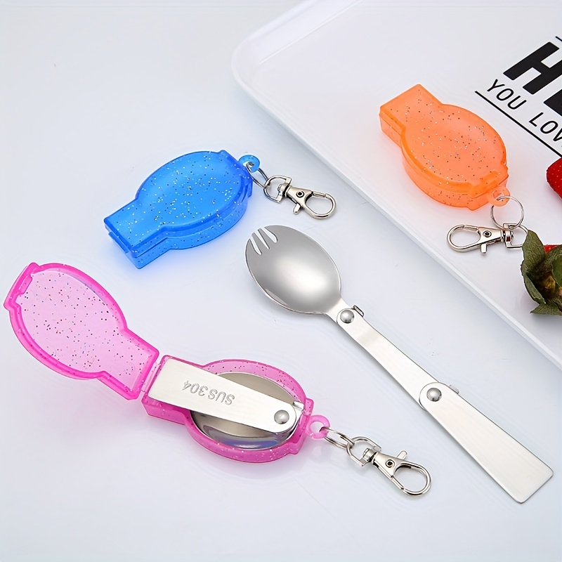 personalized 304 stainless steel   with keychain compact portable fork and spoon set reusable ideal for outdoor camping picnic   orange camping essentials compact tableware durable tableware Product details 3