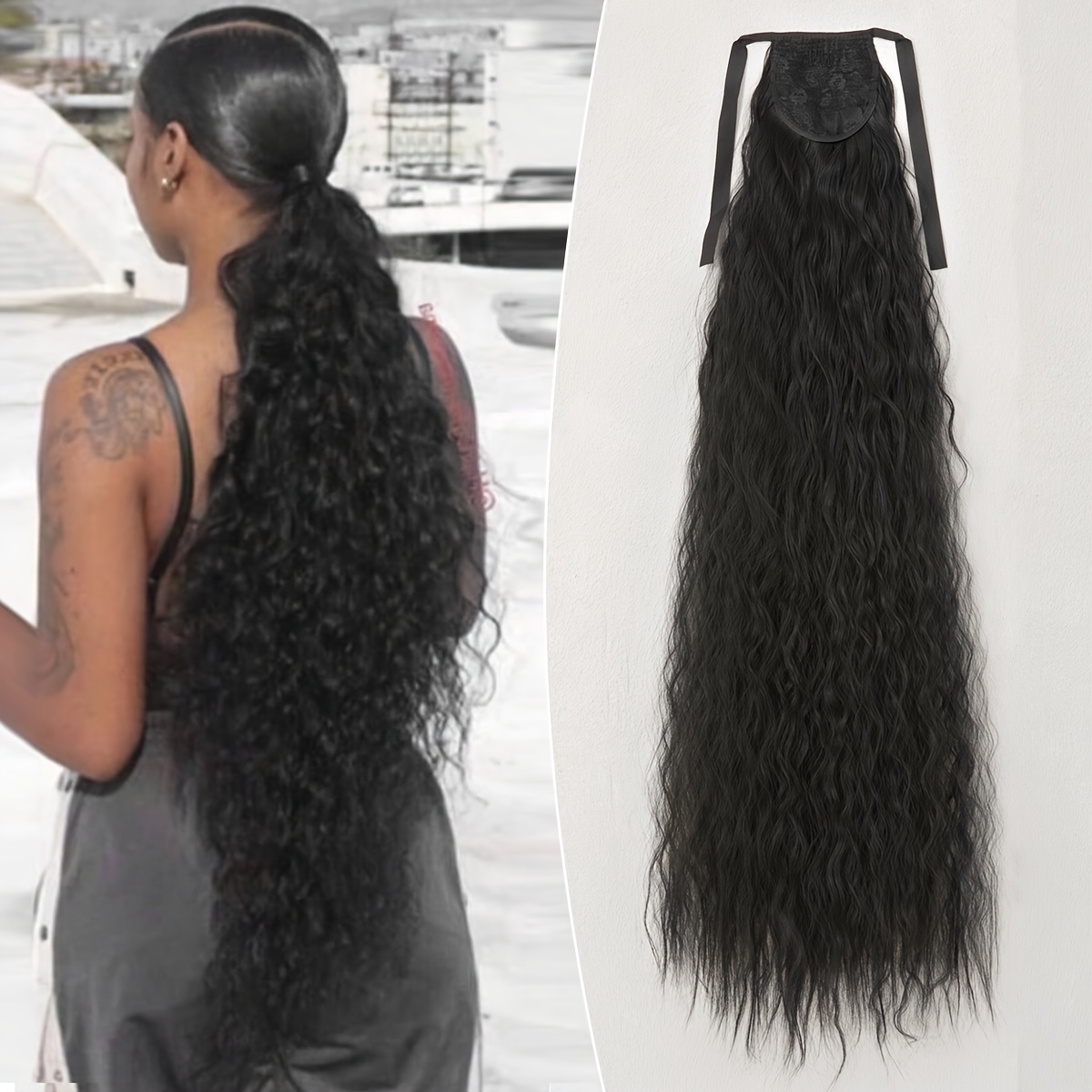 Image of Clip In Hair Extensions Ponytail Black Color Wrap Around Long Curly Wave 32 Inch Heat Resistant Fiber Synthetic Hairpiece For Women Daily Use