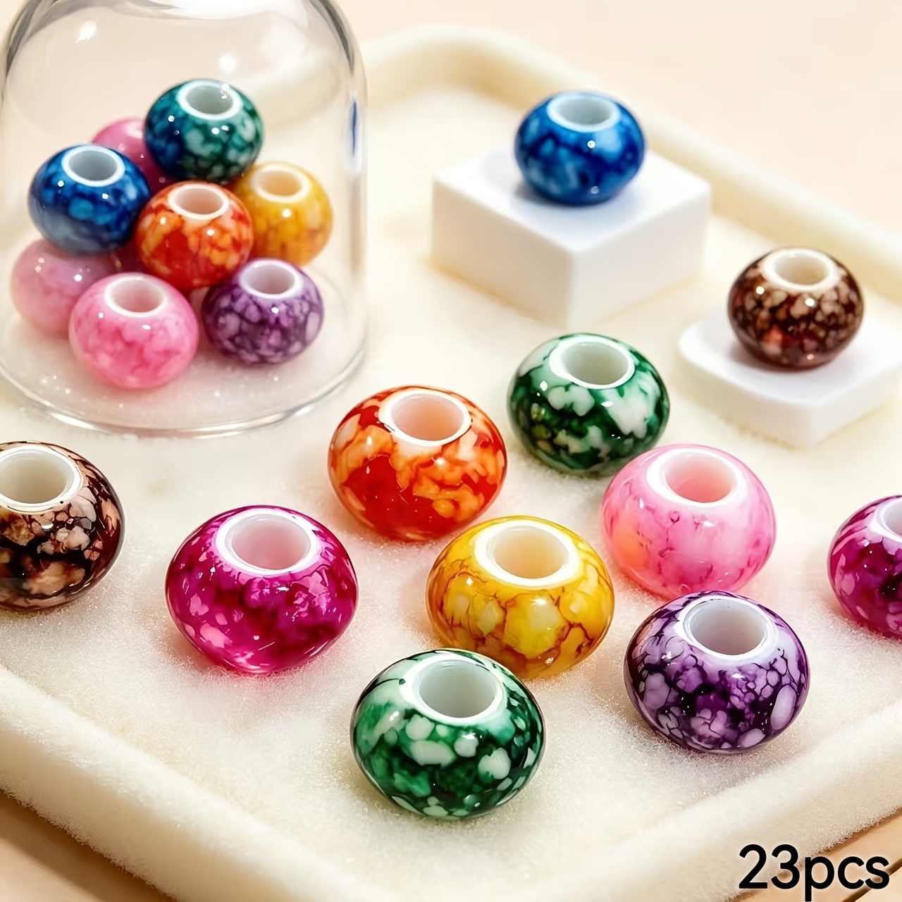 TEMU 23pcs 15mm Vintage Ink Wash Floral Pattern Large Hole Round Beads Loose Beads Imitation Marble Texture Translucent Acrylic Beads Art Crafts And